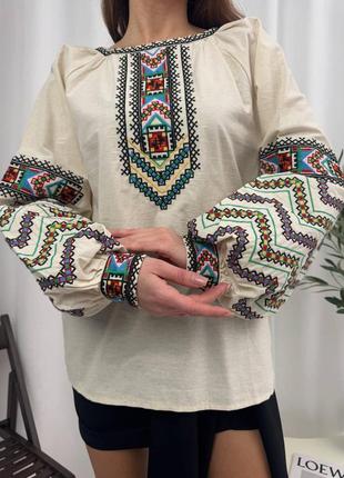 Колоритная блуза вышиванка, украинская вышиванка, этатно рубашка с вышивкой