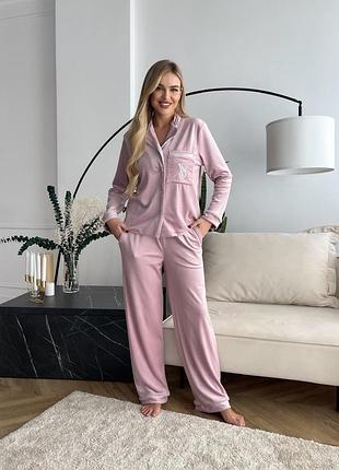 Велюрова піжама з сорочкою на гудзиках та штанами палаццо