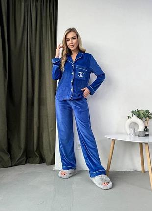 Велюрова піжама двійка з сорочкою на гудзиках та широкими штанами