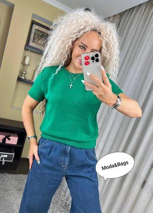 Жіноча молодіжна стильна модна однотонна в'язана футболка оверсайз р.42/48 зелений