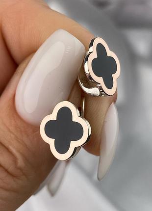 Оплата 100%🇺🇦серьги серебро 925° золото 375° пластины, вставка юв. емаль, клевер ванклиф черный под оникс 1229.10