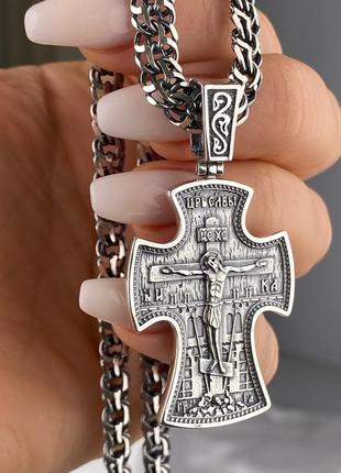 Оплата 100%🇺🇦двусторонний крест серебро 925 пробы + чернь, мужской массивный крестик кулон, крист кристтик мужской