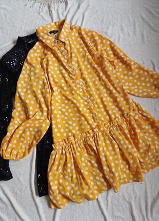 Плаття-сорочка на ґудзиках оверсайз із воланом рюшів довгим рукавом горошок горох