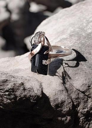 🫧 18 ; 18.5 размер кольцо серебро с золотом авантюрин золотая пластина синий