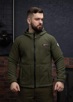 Куртка флісова чоловіча з капюшоном grifon осло двохсторонній фліс хакі