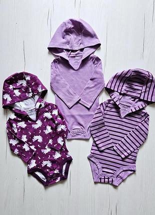 Боди детские 6-12умесяц, hanes, 68-80см, боди с капюшоном, бодик для малышей, комплект боди, боди с длинным рукавом, боди с единорожками