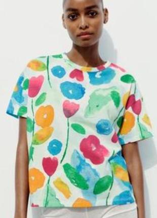 Новая футболка принт zara футболка с цветочным принтом цветы акварель