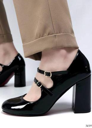 ▪️жіночі туфлі глянцеві чорні шкіряні лаковані широкий стійкий каблук підбори пряжки ремінці