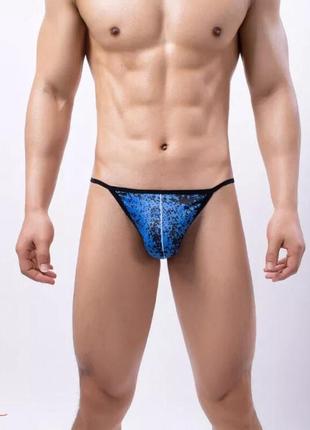 Чоловічі сексуальні стрінги pinky senson сині з абстрактним принтом