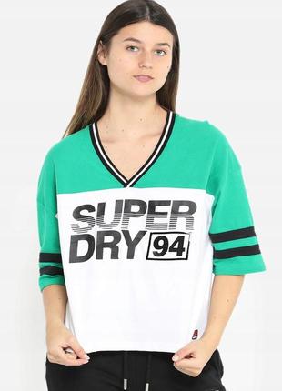 Фирменная хлопковая футболка / топ бело - зелёного цвета superdry made in turkey