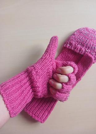 Розовые перчатки митенки с блестящей нитью