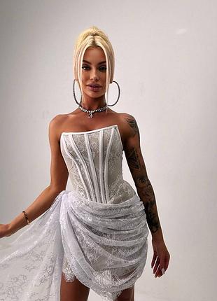 Мереживна корсетна сукня міні зі шлейфом, атласна сукня міні з мереживом, святкове плаття...