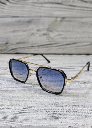 Солнцезащитные очки унисекс, голубые в металлической, золотистой, глянцевой оправе