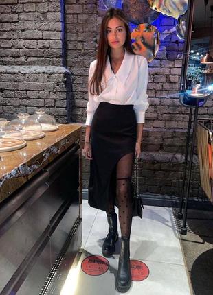 Черная юбка-миди ниже колен с вырезом на ноге р-ры 42-56, мыды юбка с вырезом высокая талия