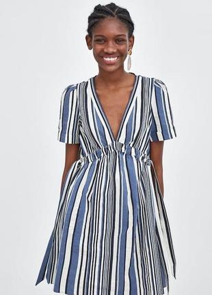 Zara новое платье белое синий лен хлопок