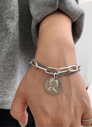 Браслет цепка под серебро с монетой подвеска кулон монетка цепочка на руку цепочка