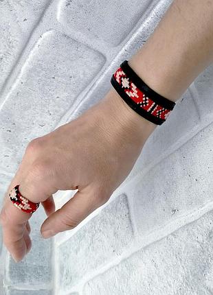 Кожаный вышитый комплект (браслет и кольца, кольцо) | ukpatt|