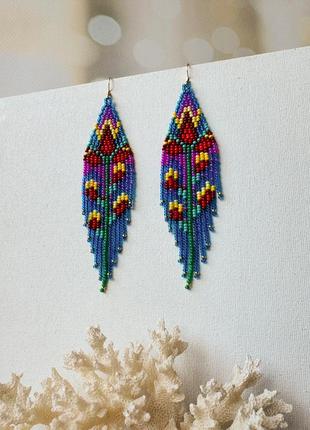 Сині бісерні сережки з квітковим візерунком, яскраві довгі сережки з бісеру