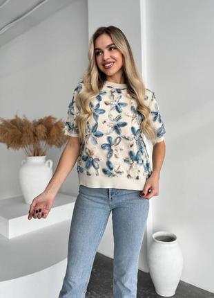 Кофта с коротким рукавом с цветочными аппликациями