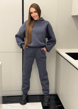 Костюм спортивный женский теплый на флисе оверсайз худи с капишоном брюки джоггеры на высокой посадке с карманами качественный графитовый голубой