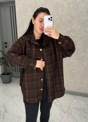 Рубашка женская оверсайз в клетку на пуговицах с карманом качественная стильная шоколад черная
