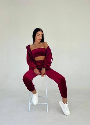 Жіночий спортивний костюм трійка 💗 спортивний костюм бордо велюр 💗