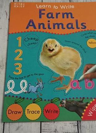 Дитячий багаторазовий зошит прописи англійською learn to write farm animals