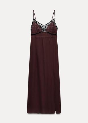 Платье в бельевом из вискозы с тонкими бретелями и кружевом zara, новый размер s