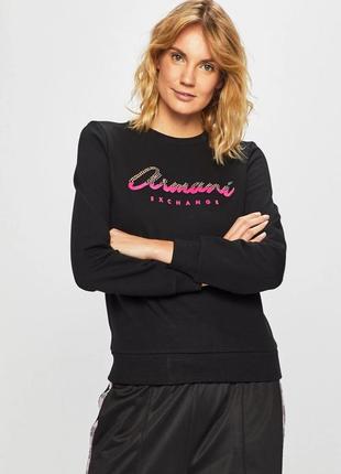 Шикарный свитшот чёрного цвета с фирменной надписью со страз armani exchange