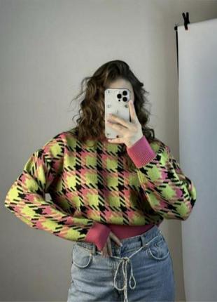 Укорочений светр картатий, теплий светр короткий, трендовий светр зелений, жіночий светр в'язаний, теплий джемпер в'язаний