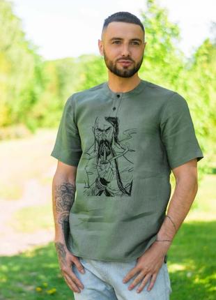 Лляна стильна молодіжна вишиванка "козак" хакі 4241