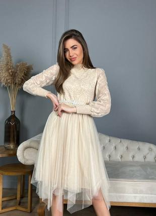 Платье 9050, р.уни 42-44, трикотаж+ креп шифон, беж