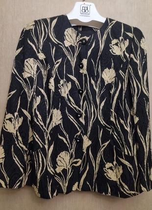 Шелковый жакет, фактурная ткань, черный с бежевыми цветами, винтаж, 69% шелк, 31% шерсть, размер 44 f/46, gb/18