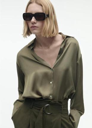 Сатинова , атласна сорочка рубашка шовкова zara зелена оливкова хакі massimo dutti reserved