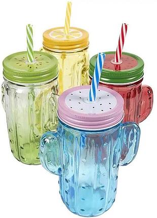 Склянка-банка з трубочкою у формі кактуса 450 мл