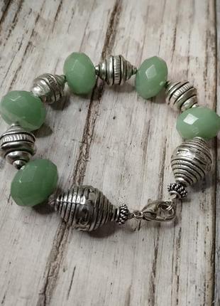 Массивный браслет металл натуральный камень жадеит