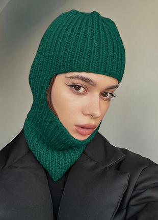 Шапка балаклава зеленая зумрудная капор капюшон тюрбан вязаная крупной вязки капюшон вязаный лыжная маска головной убор снуд бафф