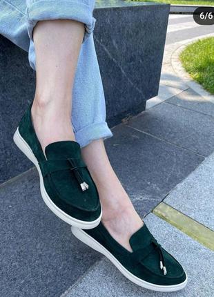 Лоферы с кисточками, к004, зеленый, натуральная замша