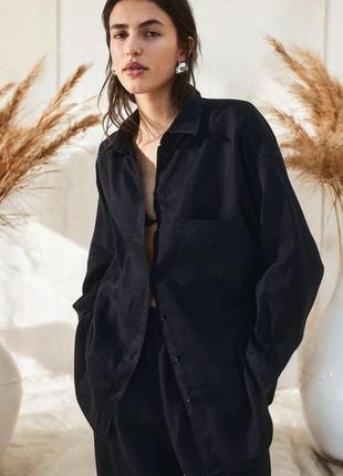 Чорна лляна сорочка льняная рубашка базовая рубашка h&m