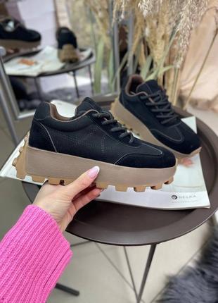 Женские черные кроссовки на платформе натуральная замша4 фото