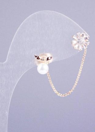 Серьги пусеты двойные xuping позолота 18к с цепочкой и перлой майорка l-5см+-