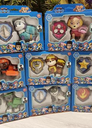 Герои щенячий патруль фигурки 8 видов, подвижные, открываются рюбзачки, со значками видов коробке, скай, эверест, робопесс