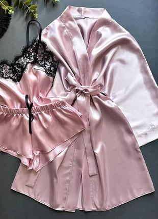 Халат и пижама из атласа, красивая пижама и халатик атлас