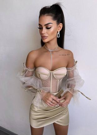 Корсет бюстье с чашками сетка на шнуровке с пышными рукавами фонариками