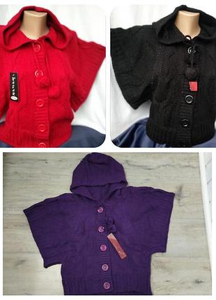 Красный кардиган с капюшоном рукава летучая мышь 44, 46, 48 размер зима пуловер с капюшоном вязанное пончо безрукавка туречица