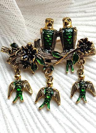 Брошь с подвесками -птица на веточке., 5,3 см, птица, птица,