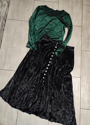 Юбка бархатная велюровая на пуговицах пышная солнце клеш черная миди высокая посадка колокол а силуэт