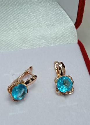 Волшебные серьги с бирюзовым алпанитом и фианитами. позолота.