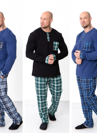 Тепла чоловіча піжама у клітинку з начосом, чоловічий домашній комплект на байці