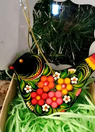 Птица пасхальный декор подвеска ручной работы с петриковской росписью в подарочной коробке+подарок